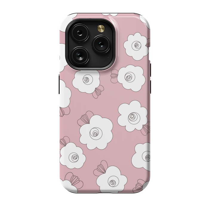 iPhone 15 Pro StrongFit Fluffy Flowers - White on Pink by Paula Ohreen