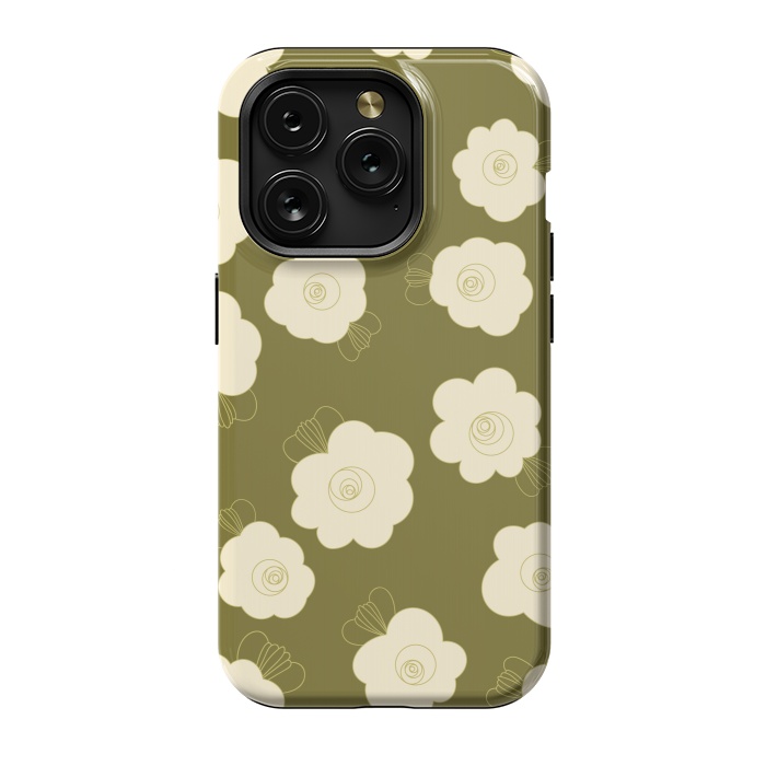 iPhone 15 Pro StrongFit Fluffy Flowers - Cream on Olive Green by Paula Ohreen