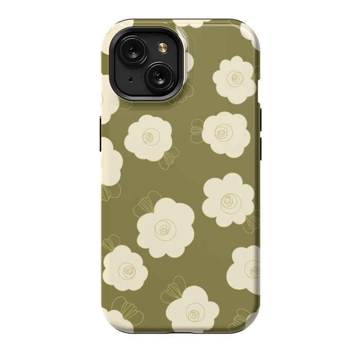 iPhone 15 StrongFit Fluffy Flowers - Cream on Olive Green by Paula Ohreen