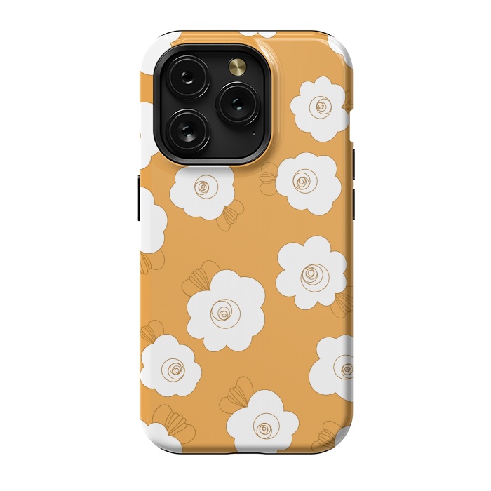 iPhone 15 Pro StrongFit Fluffy Flowers - White on Pumpkin Orange by Paula Ohreen