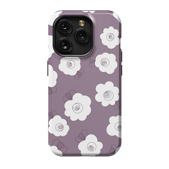 iPhone 15 Pro StrongFit Fluffy Flowers - White on Grape Purple by Paula Ohreen