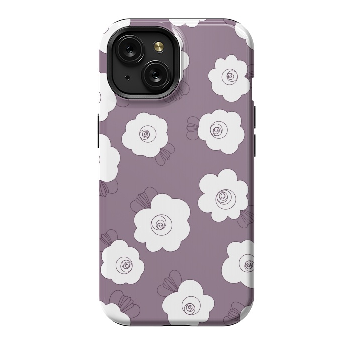 iPhone 15 StrongFit Fluffy Flowers - White on Grape Purple by Paula Ohreen