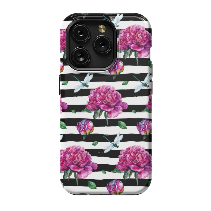 iPhone 15 Pro StrongFit Black Stripes and Peonies by  Utart