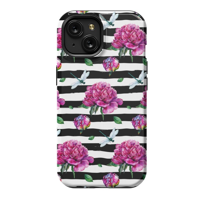 iPhone 15 StrongFit Black Stripes and Peonies by  Utart