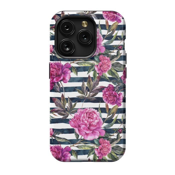 iPhone 15 Pro StrongFit Pink peonies and black stripes by  Utart