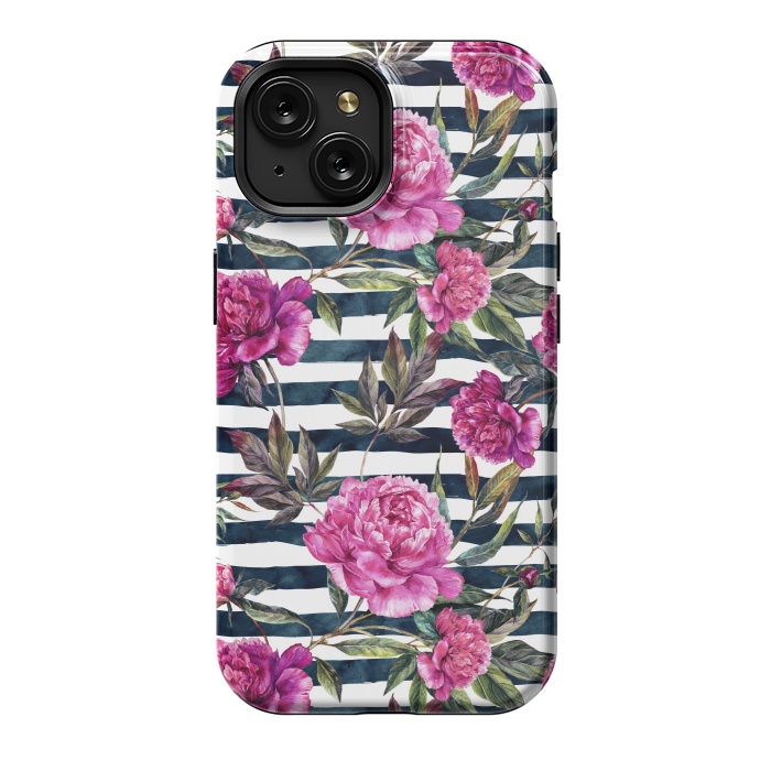 iPhone 15 StrongFit Pink peonies and black stripes by  Utart
