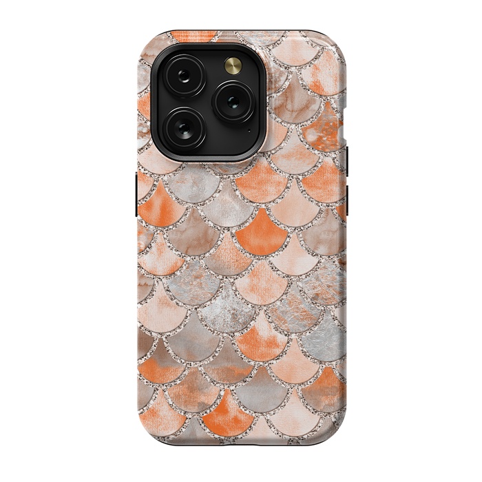 iPhone 15 Pro StrongFit Salmon Peach and Silver Glitter WAtercolor Mermaid Scales by  Utart