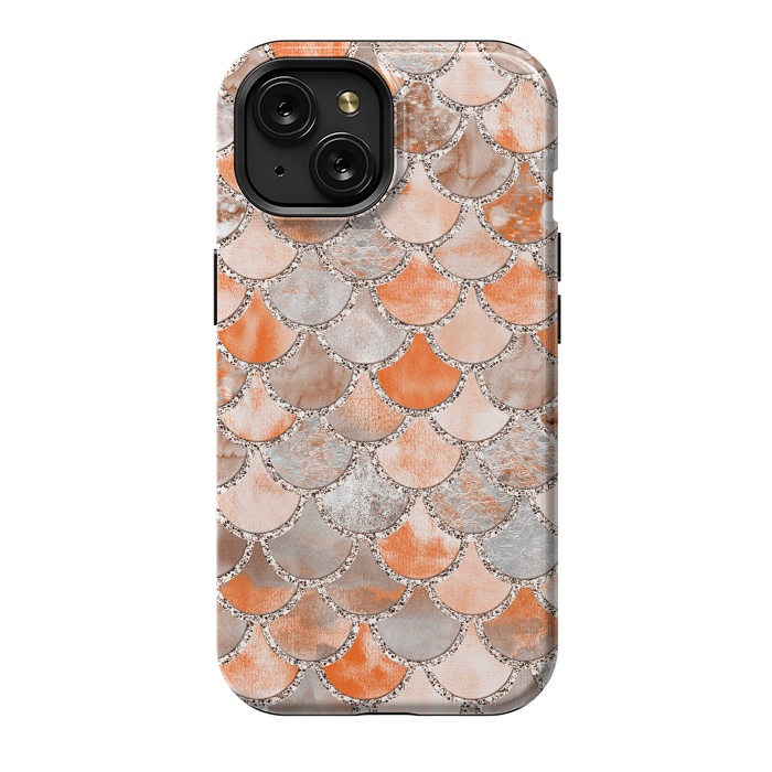 iPhone 15 StrongFit Salmon Peach and Silver Glitter WAtercolor Mermaid Scales by  Utart