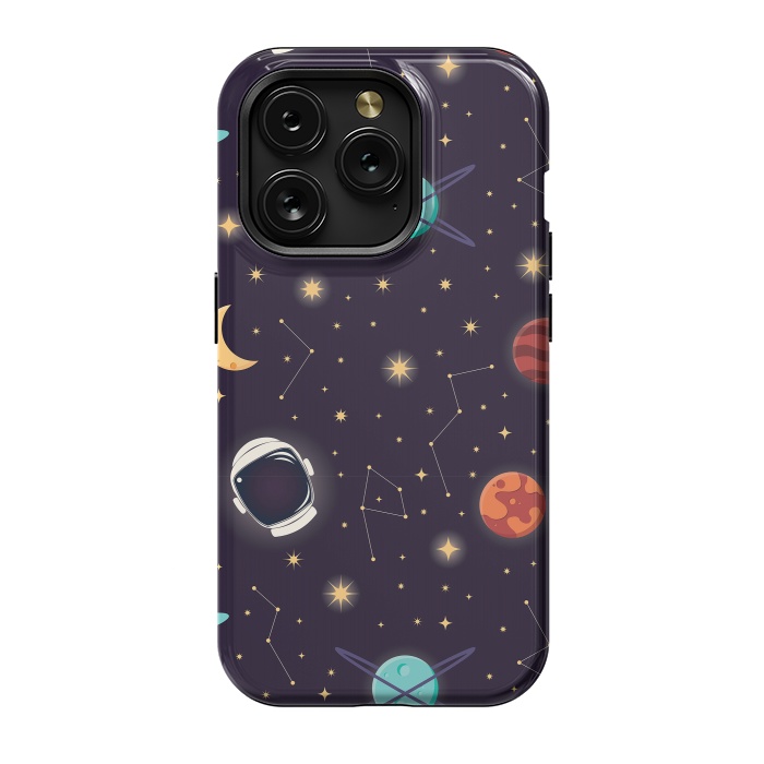 iPhone 15 Pro StrongFit Universe with planets, stars and astronaut helmet seamless pattern, cosmos starry night sky, vector illustration by Jelena Obradovic