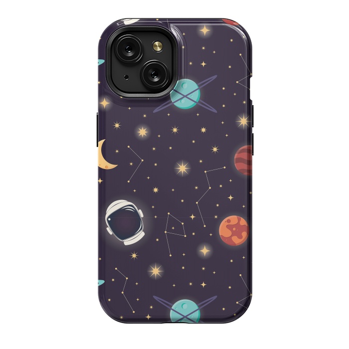 iPhone 15 StrongFit Universe with planets, stars and astronaut helmet seamless pattern, cosmos starry night sky, vector illustration by Jelena Obradovic