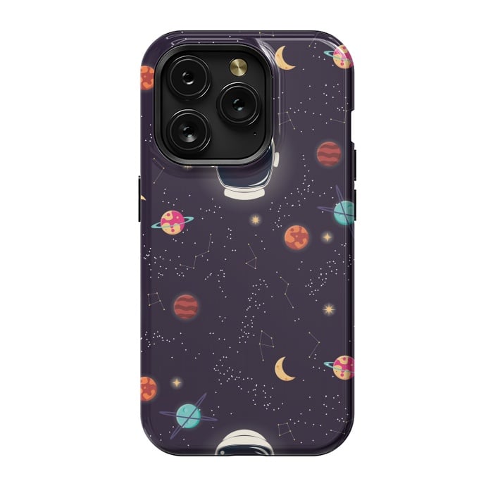 iPhone 15 Pro StrongFit Universe with planets, stars and astronaut helmet seamless pattern, cosmos starry night sky by Jelena Obradovic