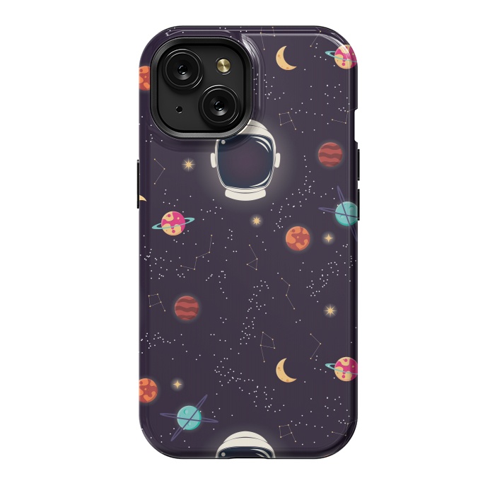 iPhone 15 StrongFit Universe with planets, stars and astronaut helmet seamless pattern, cosmos starry night sky by Jelena Obradovic