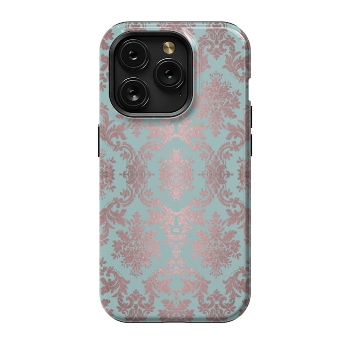 iPhone 15 Pro StrongFit Rose Gold Teal Damask Pattern 2 by Andrea Haase