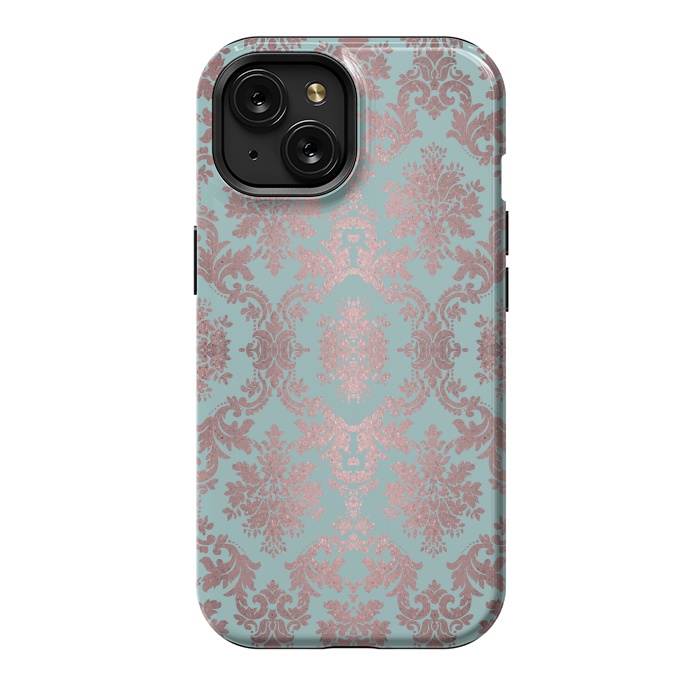 iPhone 15 StrongFit Rose Gold Teal Damask Pattern 2 by Andrea Haase