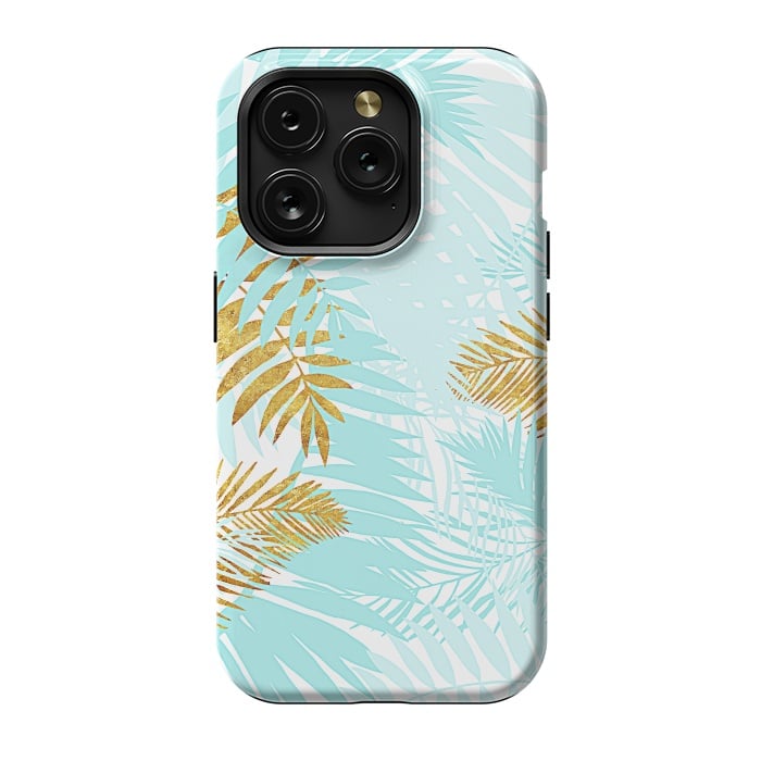 iPhone 15 Pro StrongFit Teal and Gold Palm Leaves by  Utart