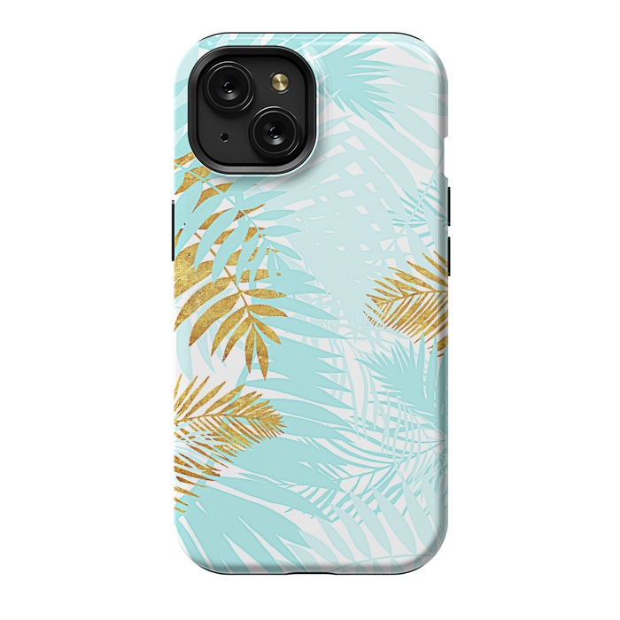 iPhone 15 StrongFit Teal and Gold Palm Leaves by  Utart