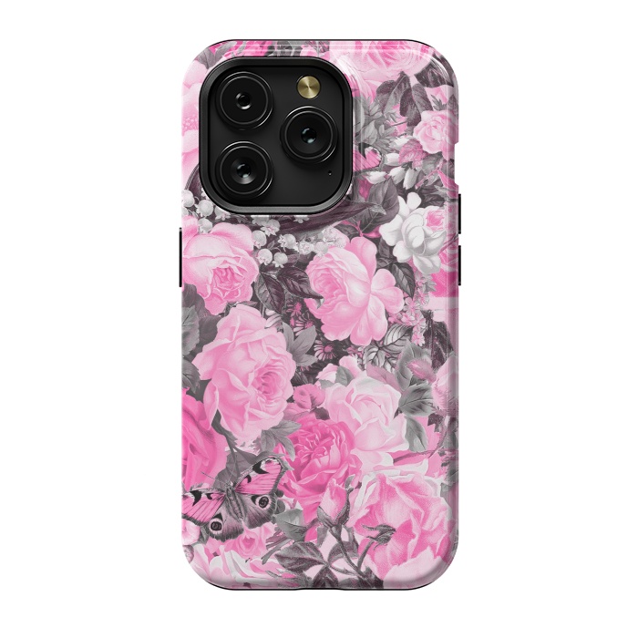 iPhone 15 Pro StrongFit Nostalgic Pink Rose And Butterfly Pattern by Andrea Haase