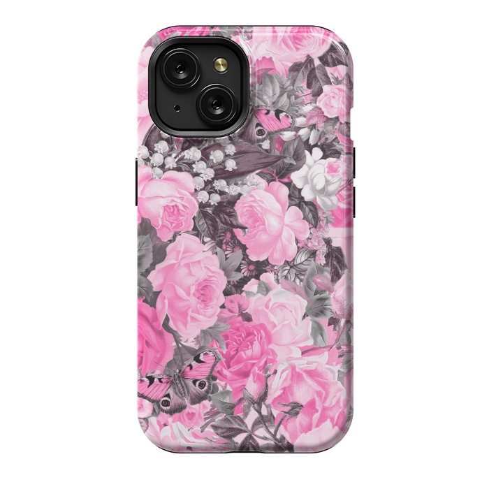 iPhone 15 StrongFit Nostalgic Pink Rose And Butterfly Pattern by Andrea Haase
