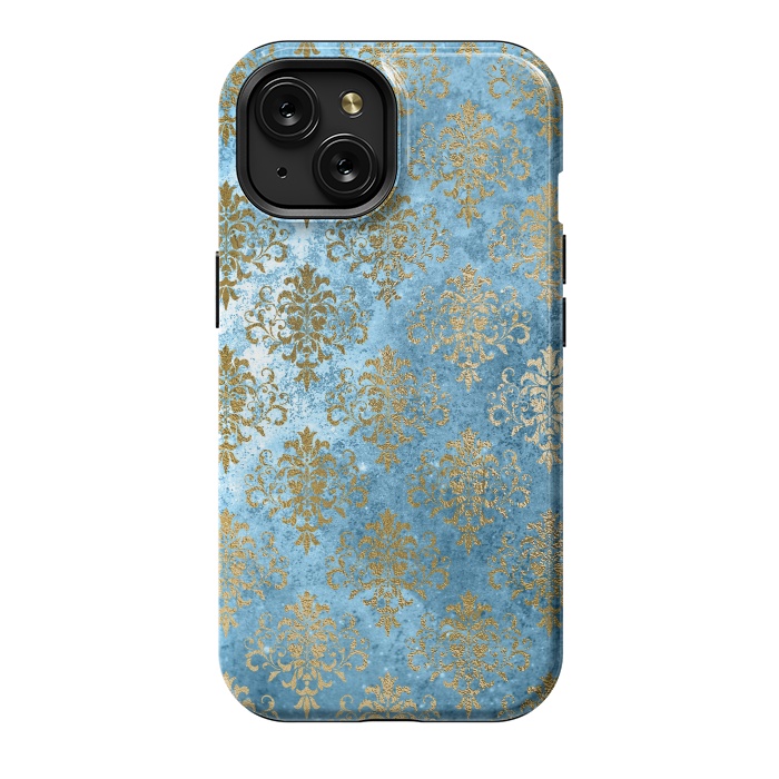 iPhone 15 StrongFit Blue and Gold Trendy Vintage Damask Pattern by  Utart