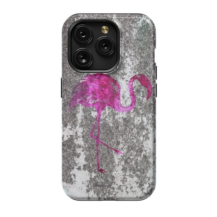 iPhone 15 Pro StrongFit Pink Flamingo Bird On Grunge Wall by Andrea Haase