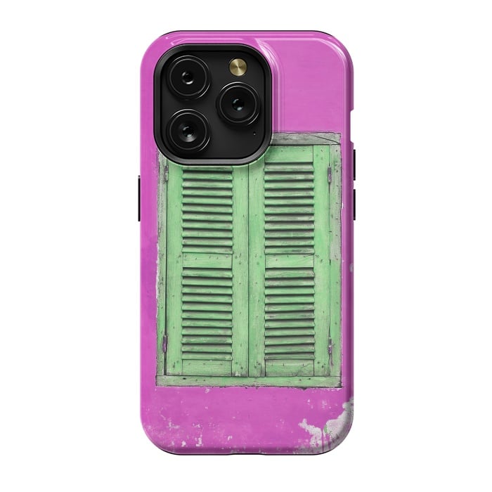 iPhone 15 Pro StrongFit Turquoise Green Shutters In Pink Wall by Andrea Haase