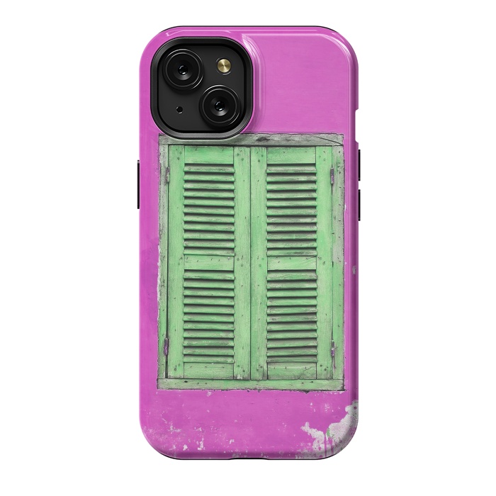 iPhone 15 StrongFit Turquoise Green Shutters In Pink Wall by Andrea Haase