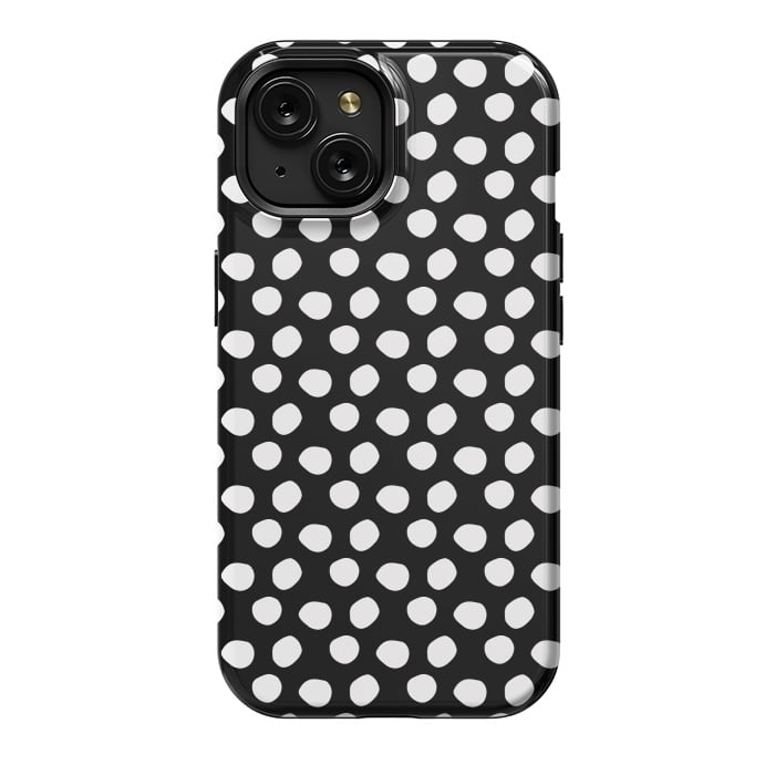 iPhone 15 StrongFit Hand drawn white polka dots on black by DaDo ART