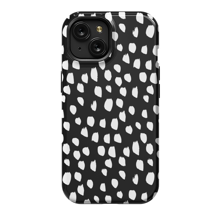 iPhone 15 StrongFit Hand drawn crazy white polka dots on black by DaDo ART