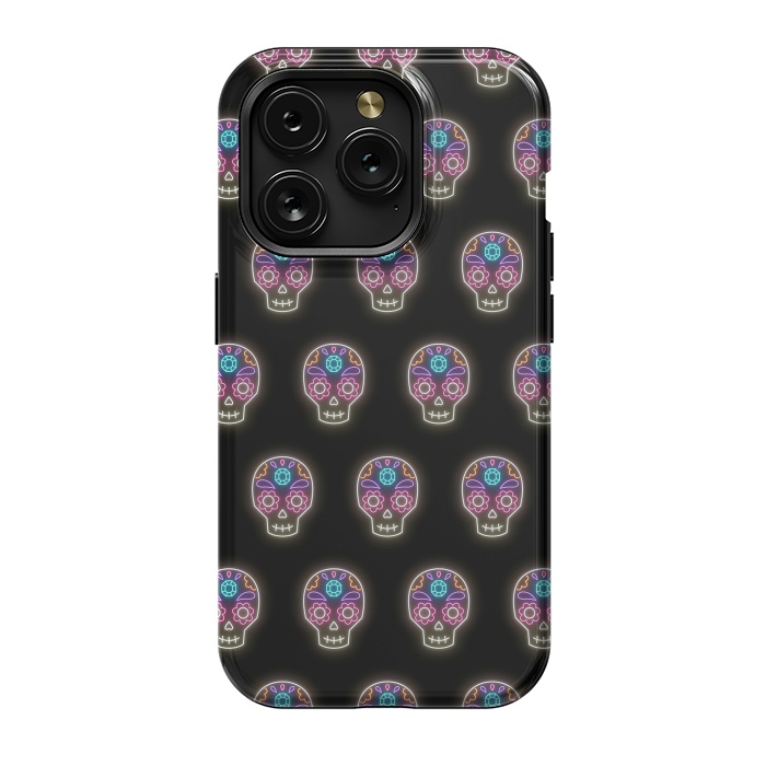 iPhone 15 Pro StrongFit Neon sugar skull pattern by Laura Nagel