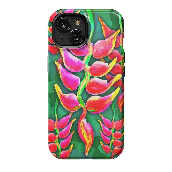 iPhone 15 StrongFit Exotic Flowers Heliconia Pendula Bright Red  by BluedarkArt