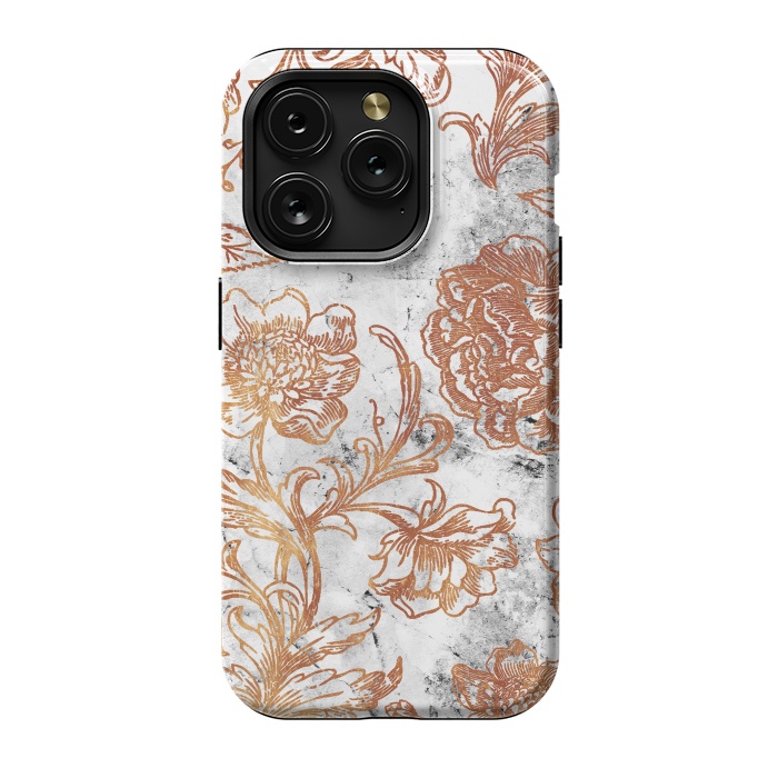 iPhone 15 Pro StrongFit Golden flowers line art on white marble by Oana 