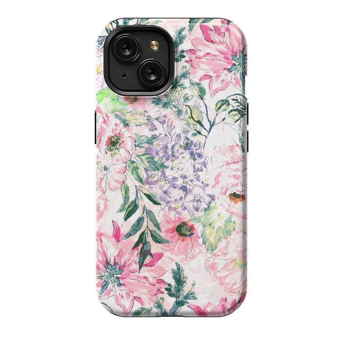 iPhone 15 StrongFit Boho chic watercolor pink floral hand paint by InovArts