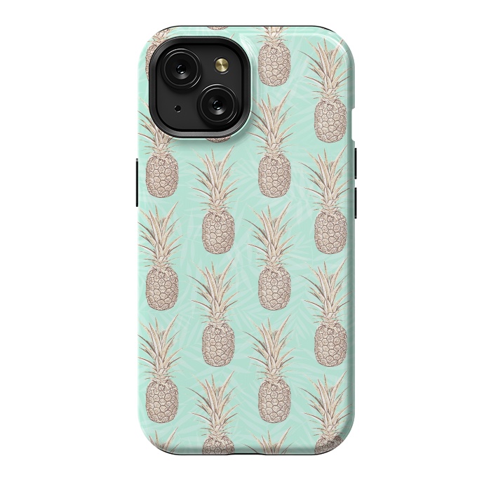 iPhone 15 StrongFit Golden and mint pineapples pattern by InovArts