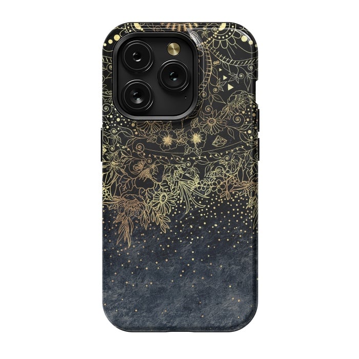 iPhone 15 Pro StrongFit Stylish Gold floral mandala and confetti by InovArts