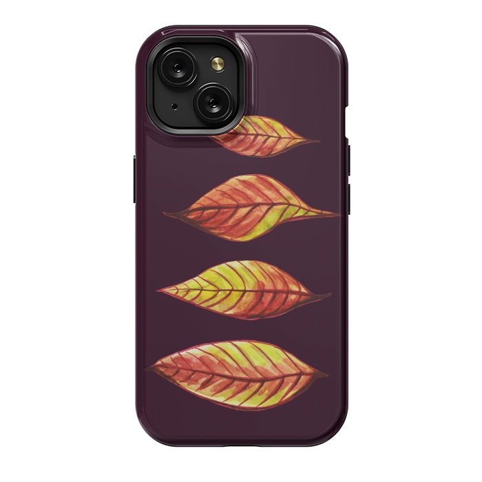 iPhone 15 StrongFit Four Red Yellow Ink Watercolor Painted Autumn Leaves by Boriana Giormova