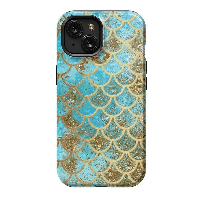 iPhone 15 StrongFit Blue, Glitter and Gold Mermaid Scales by  Utart