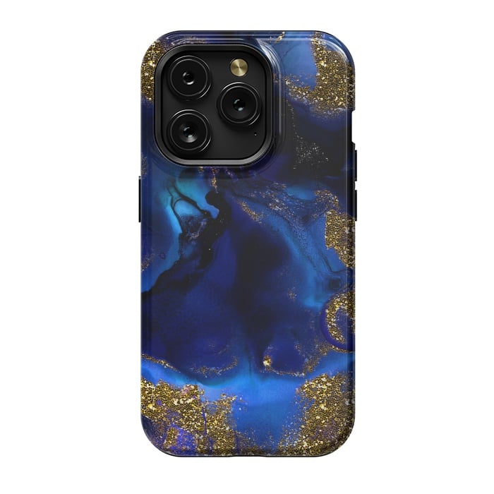 iPhone 15 Pro StrongFit Indigo Blue and Gold Glitter Marble by  Utart