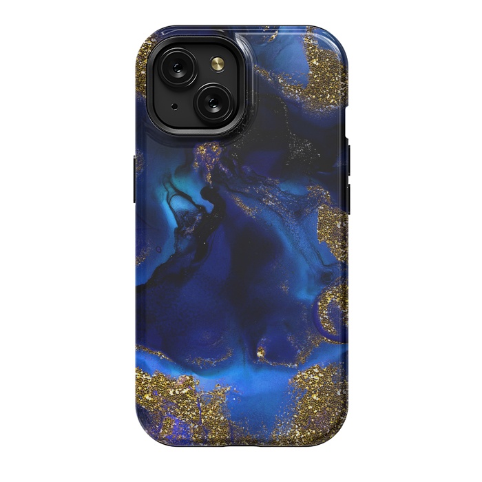 iPhone 15 StrongFit Indigo Blue and Gold Glitter Marble by  Utart