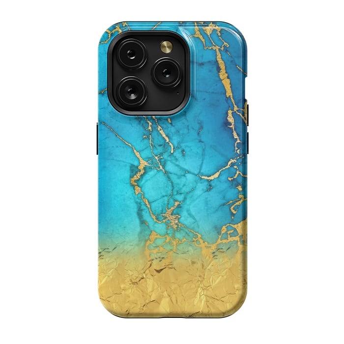 iPhone 15 Pro StrongFit Sea Blue and Sun Gold Marble and Glitter by  Utart