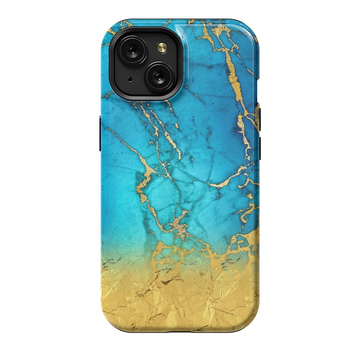 iPhone 15 StrongFit Sea Blue and Sun Gold Marble and Glitter by  Utart