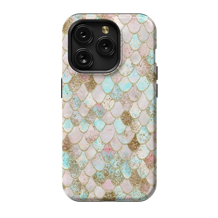 iPhone 15 Pro StrongFit Watercolor Wonky Gold Glitter Pastel Summer Mermaid Scales  by  Utart