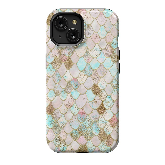 iPhone 15 StrongFit Watercolor Wonky Gold Glitter Pastel Summer Mermaid Scales  by  Utart