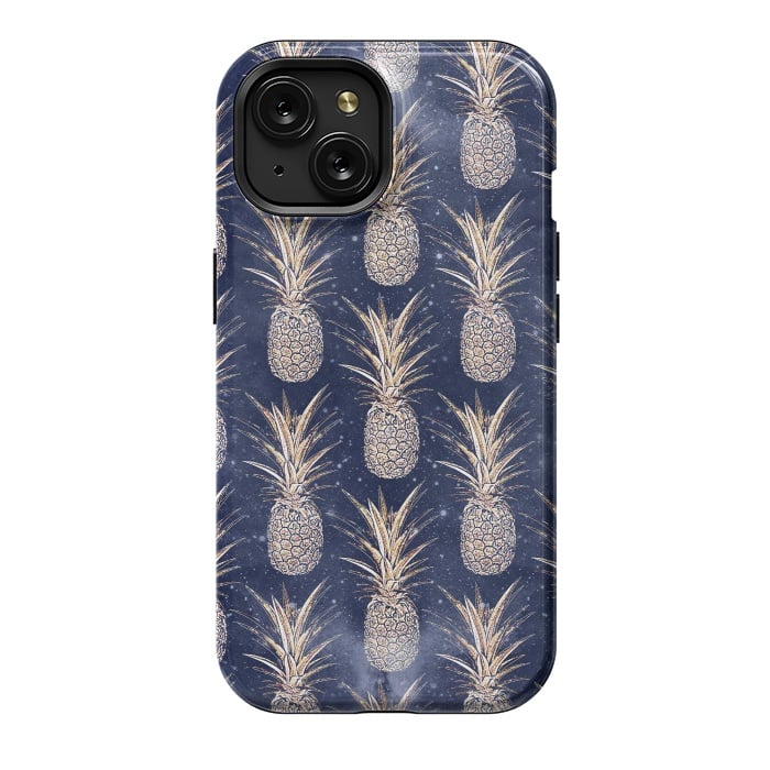 iPhone 15 StrongFit Modern Golden pineapples nebula pattern by InovArts