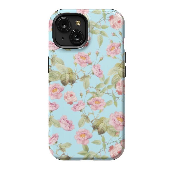 iPhone 15 StrongFit Pastel Teal and Pink Roses Pattern by  Utart
