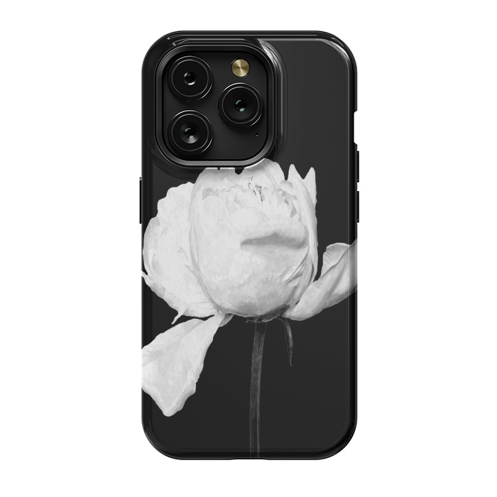 iPhone 15 Pro StrongFit White Peony Black Background by Alemi