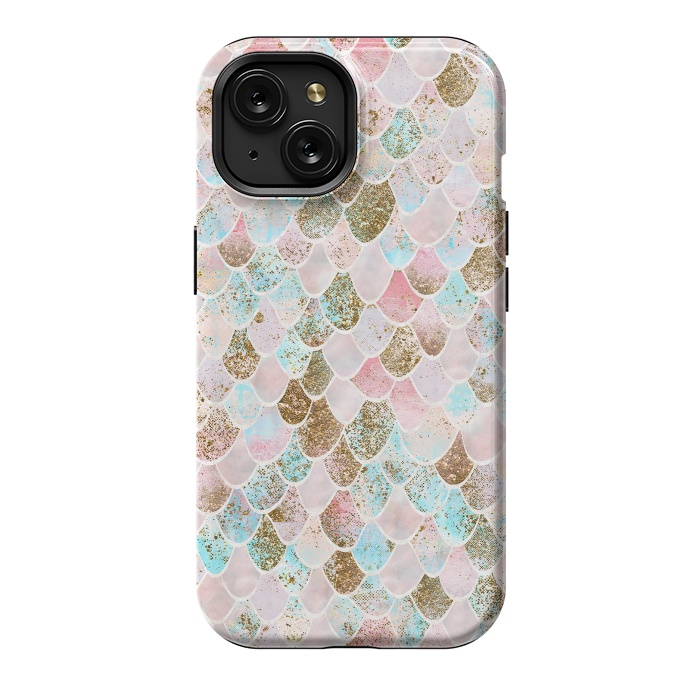 iPhone 15 StrongFit Wonky Watercolor Pink and Blue Mermaid Scales  by  Utart
