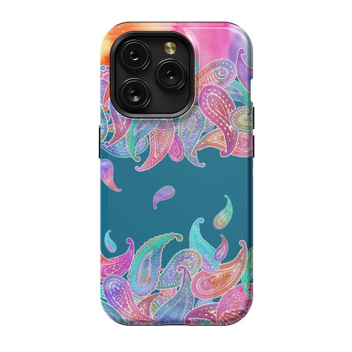 iPhone 15 Pro StrongFit Rainbow Paisley Rain on Blue by Micklyn Le Feuvre