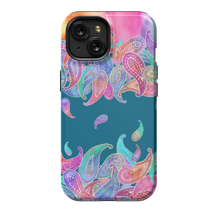 iPhone 15 StrongFit Rainbow Paisley Rain on Blue by Micklyn Le Feuvre