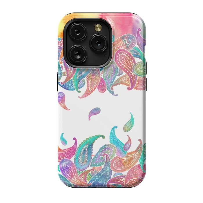 iPhone 15 Pro StrongFit Rainbow Paisley Rain on White by Micklyn Le Feuvre