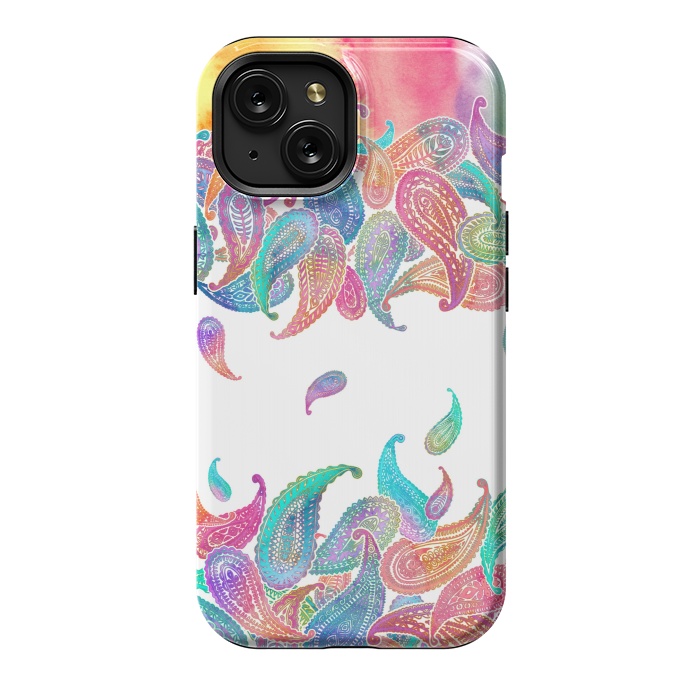 iPhone 15 StrongFit Rainbow Paisley Rain on White by Micklyn Le Feuvre